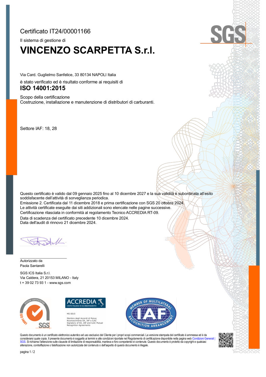 Certificato ISO 14001:2015 SGS di Vincenzo Scarpetta S.r.l.