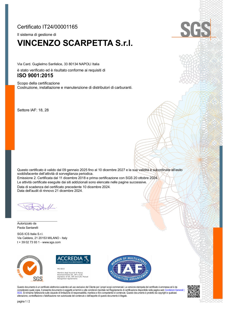 Certificato ISO 9001:2015 SGS di Vincenzo Scarpetta S.r.l.