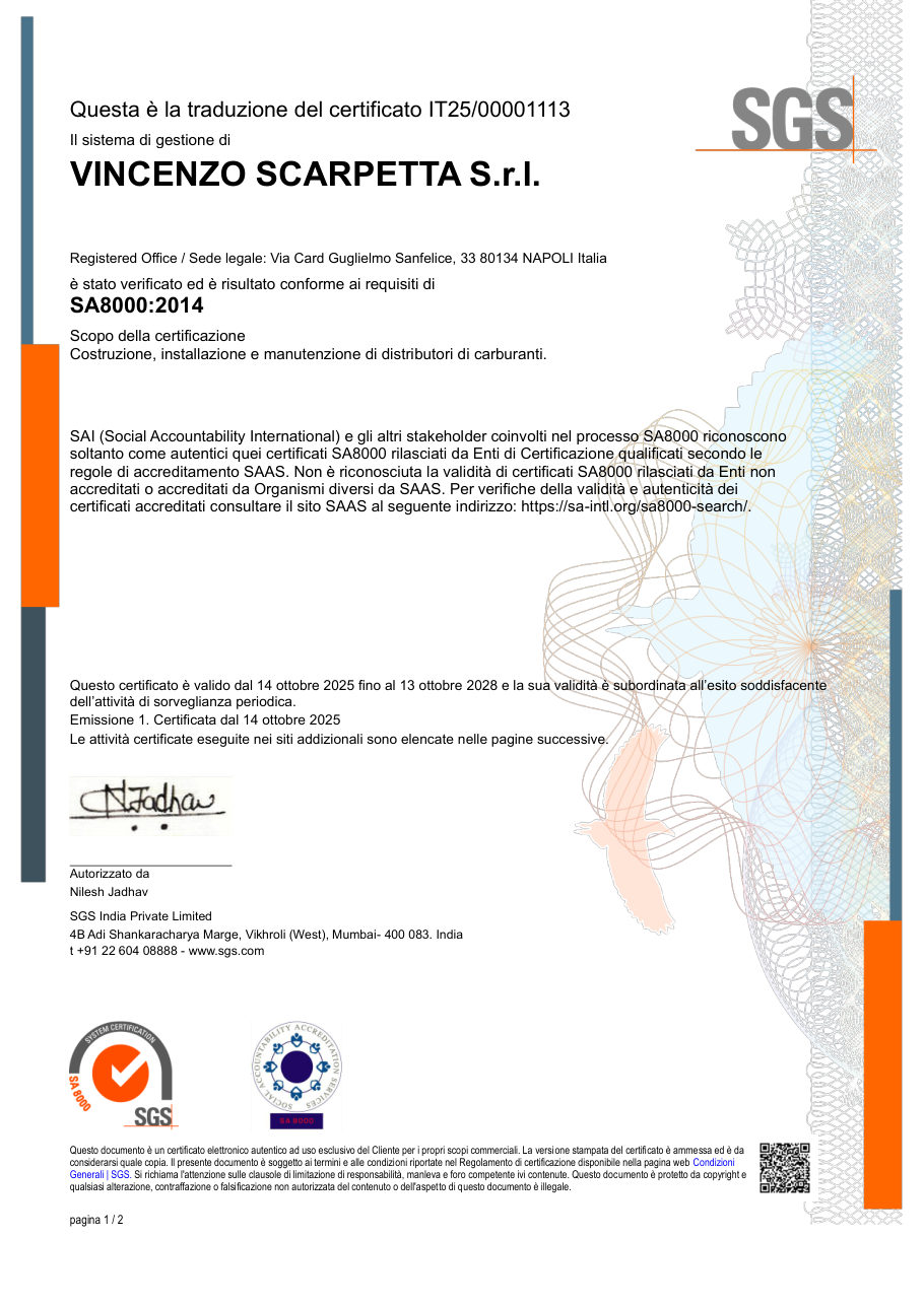 Certificato SA8000:2014 SGS di Vincenzo Scarpetta S.r.l.